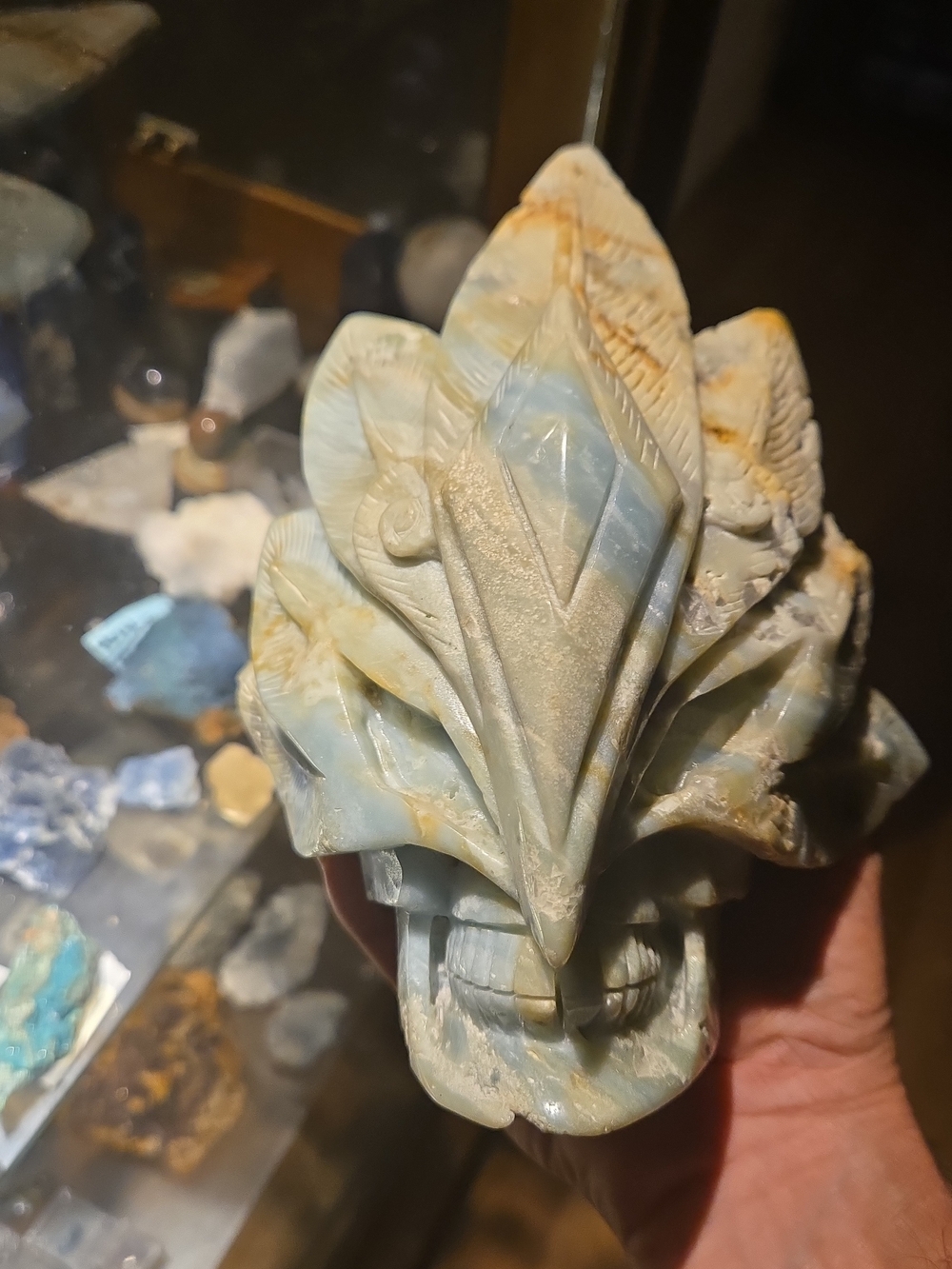 Hand-Carved Caribean Calcite W/ UV Reactive Florite Ancient Masked Skull